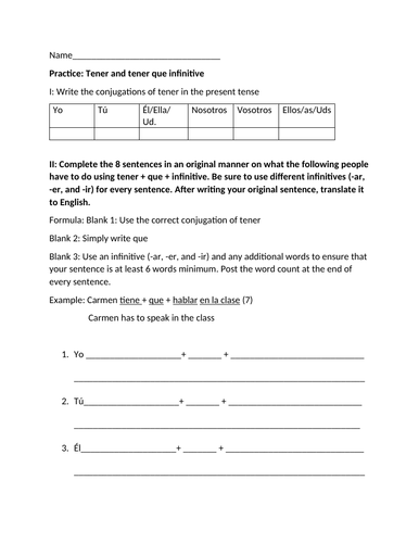 Tener worksheet