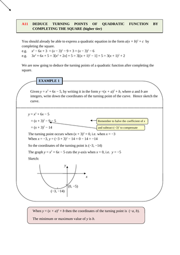 Quadratic functions turning points, intercepts and roots (Foundation + Higher)