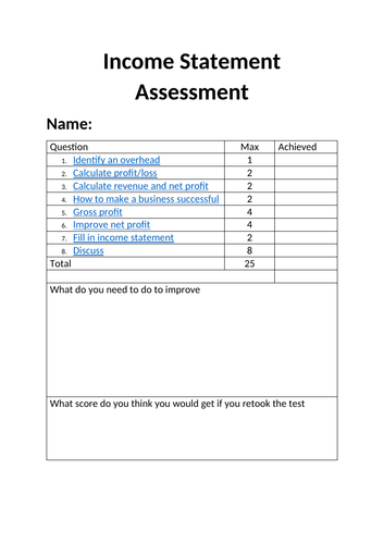 KS4 Business Income Statement Test & Answers