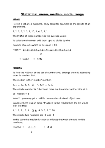 Statistics mean mode median range (9-1)