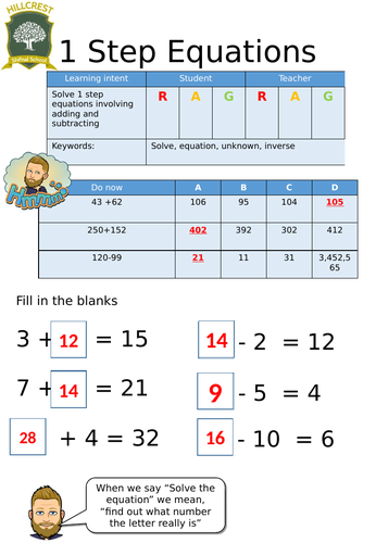 1 Step Equations worlsheets