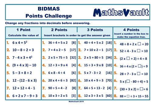 bidmas-points-challenge-worksheet-teaching-resources