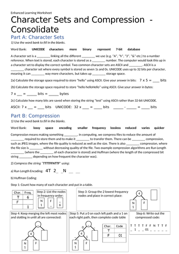 Character Sets and Compression - Enhanced Learning Worksheet + Answers