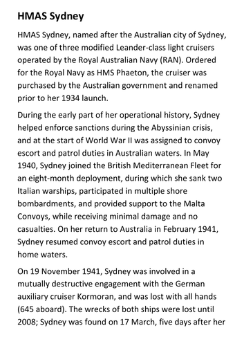 HMAS Sydney Handout