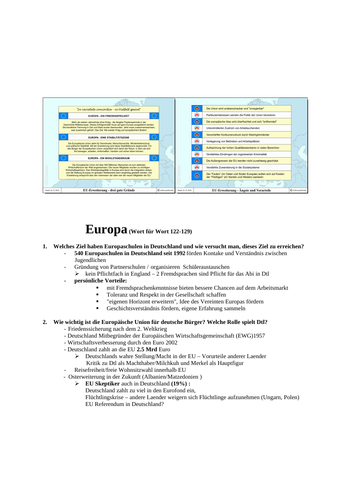 AS German topic EUROPE questions and answers suggested by AQA markschemes