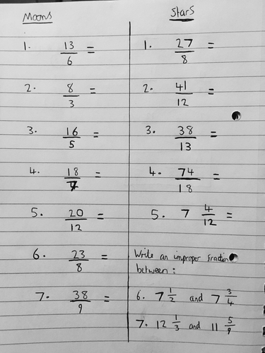 convert improper fractions to mixed numbers - worksheets and challenges - Y5 & Y6