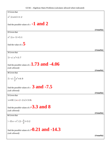 Ratio and Algebra Questions Higher GCSE