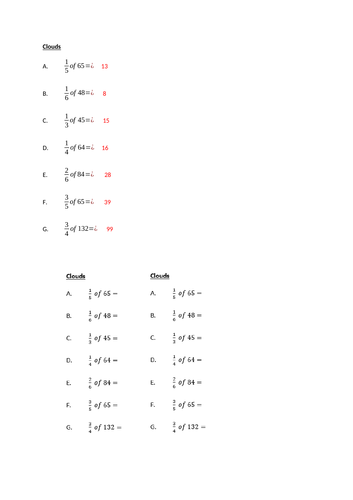 calculate fraction of amounts - worksheets and challenges - Y5 & Y6