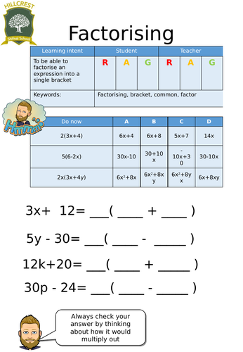 Factorising linear expression worksheet | Teaching Resources