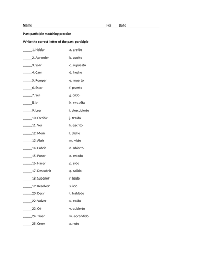Past participle matching practice