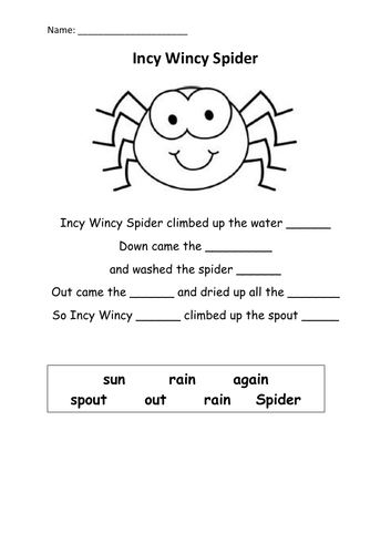 Incy wincy spider nursery rhyme fill in the blanks - Reception/Year 1 worksheet