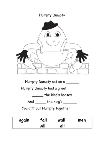 Humpty Dumpty nursery rhyme worksheet - Reception/Year 1 fill in blanks