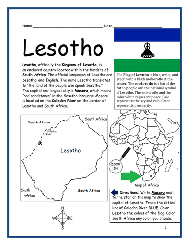 LESOTHO - Introductory Geography Worksheet