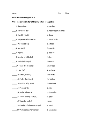 imperfect tense matching practice