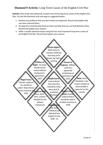 Diamond 9 Activity Long Term Causes Of The English Civil War Teaching Resources