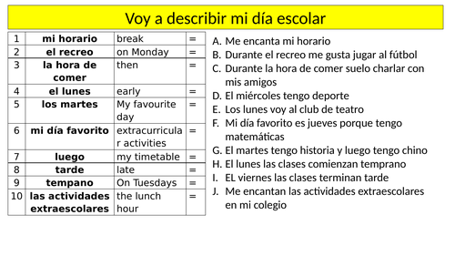 Spanish KS3/GCSE mi día escolar: describing my school day