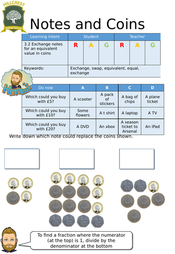 Exchanging notes for coins- entry level worksheet