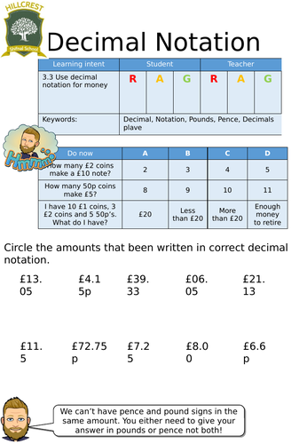 Decimal notation for money- Entry level worksheet