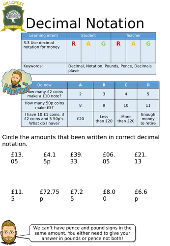 decimal notation for money entry level worksheet teaching resources