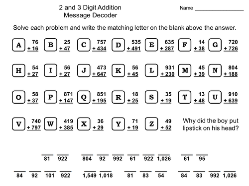 2 and 3 Digit Addition With Regrouping Activity: Math Message Decoder