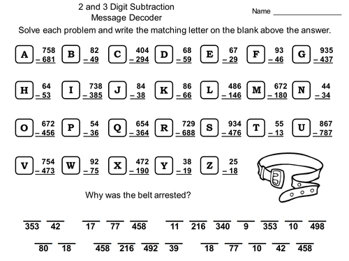 2 and 3 Digit Subtraction With Regrouping Activity: Math Message Decoder