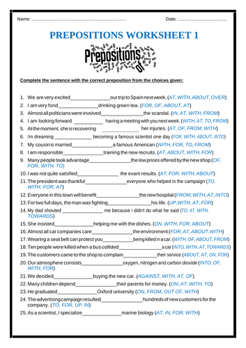 Prepositions - 2 Worksheets