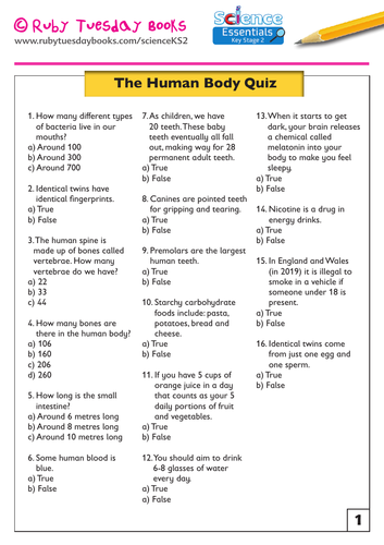 The Human Body Quiz Teaching Resources