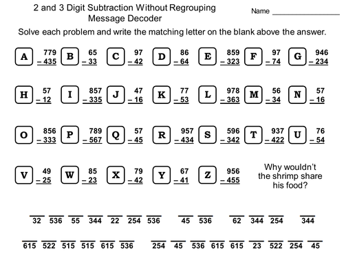2 and 3 Digit Subtraction Without Regrouping Activity: Math Message Decoder