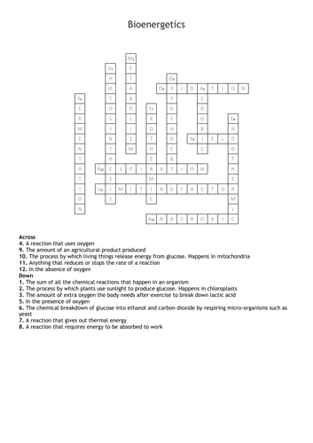 Bioenergetics Crossword - Free