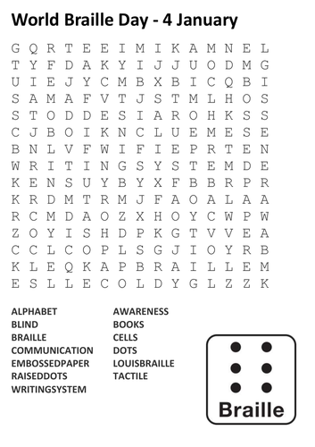 World Braille Day Word Search