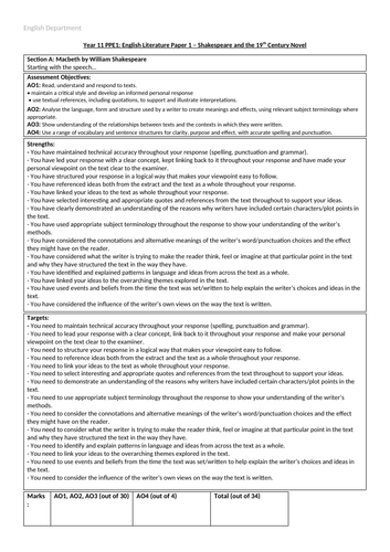 AQA GCSE English Lit Feedback Sheets