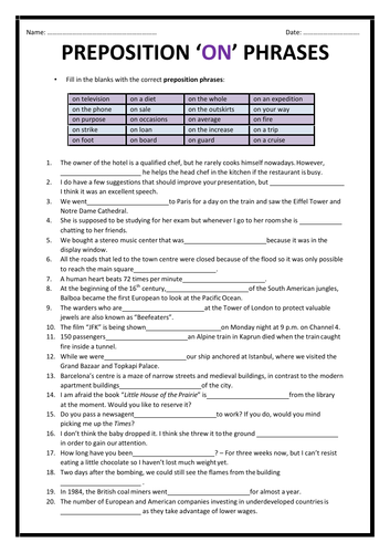 Preposition 'ON' Phrases Worksheet
