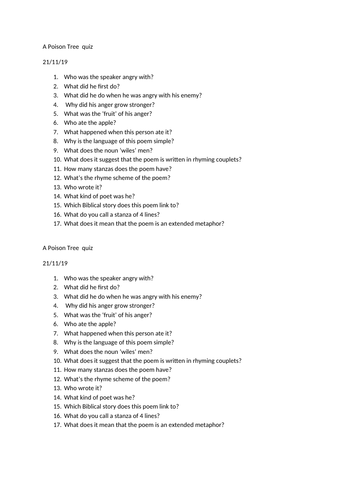 A Poison Tree quiz | Teaching Resources