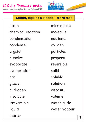 Solids, Liquids and Gases - Word Mat