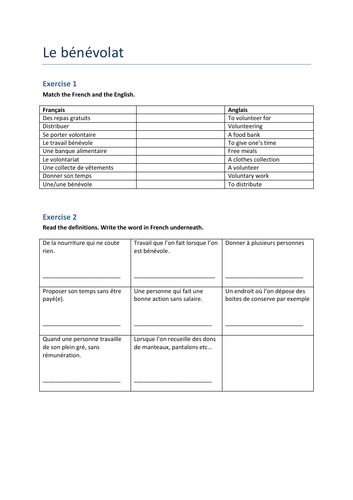 GCSE French Reading and Writing: 'Le Bénévolat'