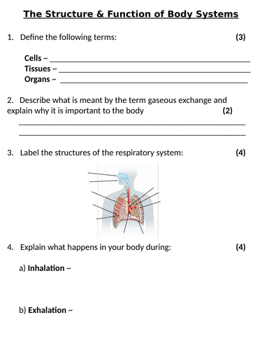 ks3 year 7 structure function of body systems homework teaching resources