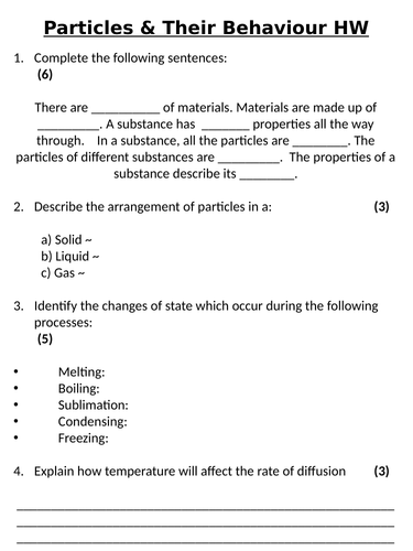 KS3 ~ Year 7 ~ Particles & Their Behaviour Homework
