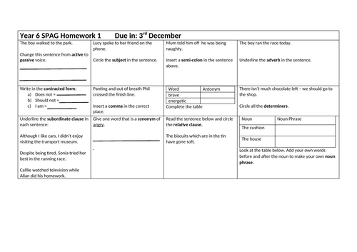 Year 6 spag homework sheet picture