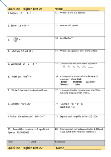 "Quick 20" Higher Bundle tests 21-30. 10 tests with 20 questions (and answers). HIGH ability KS3 KS4