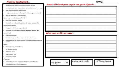 AQA Sociology Feedback Sheet= Self assessment