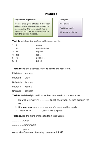Prefixes Activity Worksheet