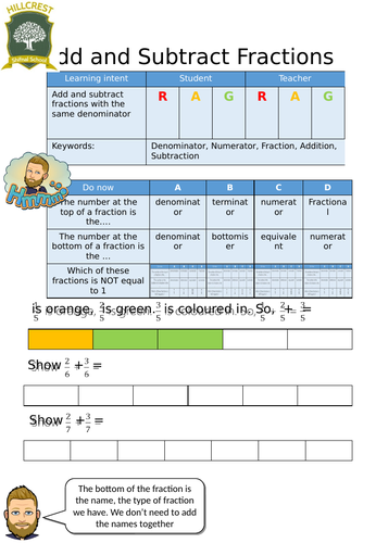 Add and Subtract Fractions (same denominator)- Entry level worksheet