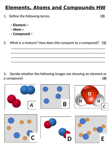 KS3 ~ Year 7  ~ Elements, Atoms & Compounds Homework