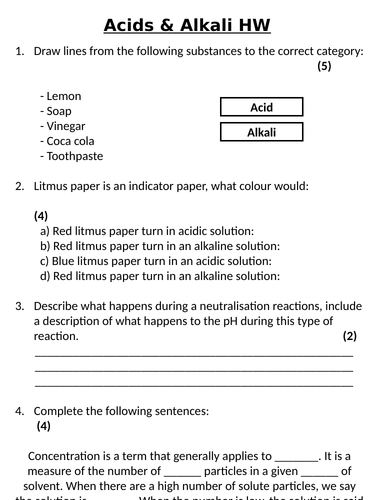 KS3 ~ Year 7 ~ Acids  & Alkalis Homework