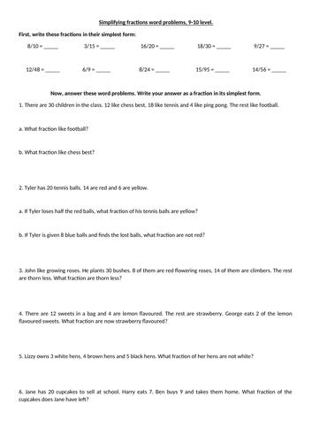 simplifying fraction word problems year 5 teaching resources