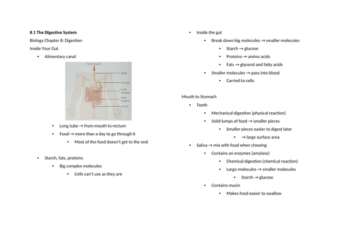 Notes: Cambridge Checkpoint and Beyond - Biology Secondary 1 (Year 8) Chapter 8 Digestion