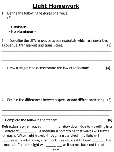 KS3 ~ Year 7 ~ Light Homework