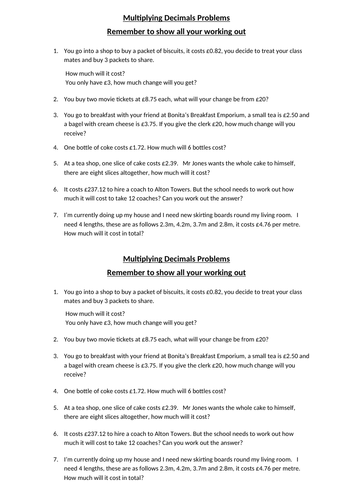 Multiplying Decimals (Worded problem solving questions)