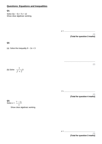 Equations and Inequalities - Mixed Past Paper Questions