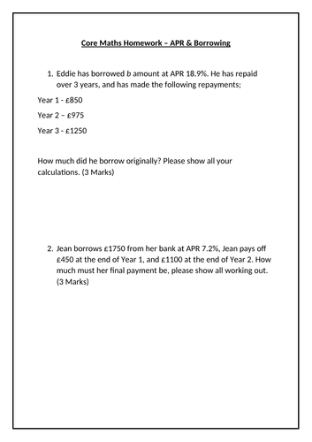 CORE MATHS/L3 MATHEMATICAL STUDIES APR Calculations & Borrowing WITH SOLUTIONS